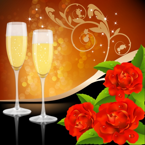 Romantic backgrounds with flowers, champagne, candles, roses - vector clipart