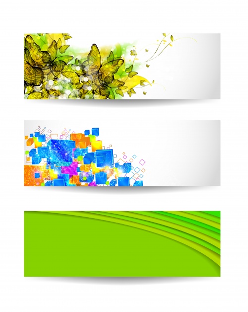 Banners with flowers, paint spots, tapes and 3D cubes /   , ,    