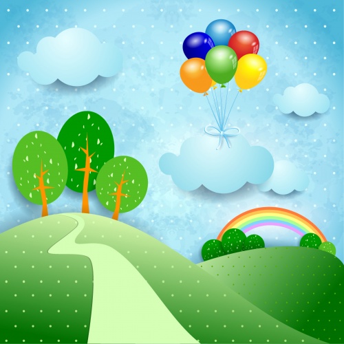 Cartoon landscape with balloons