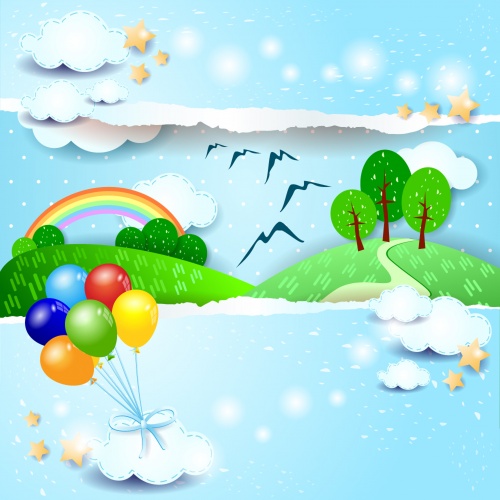 Cartoon landscape with balloons