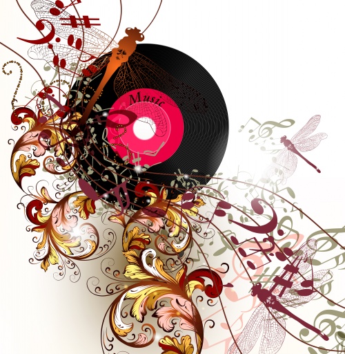       / Grunge music vector banner for disco with ink spots, happy people silh