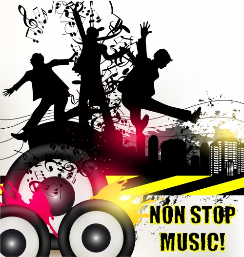       / Grunge music vector banner for disco with ink spots, happy people silh