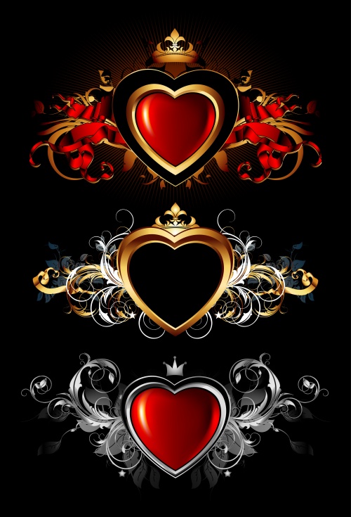 Bright hearts with a gold ornament against a dark background in a vector