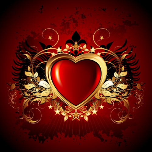 Bright hearts with a gold ornament against a dark background in a vector