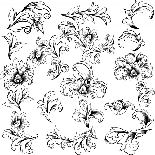 Vintage floral elements and swirl ornaments