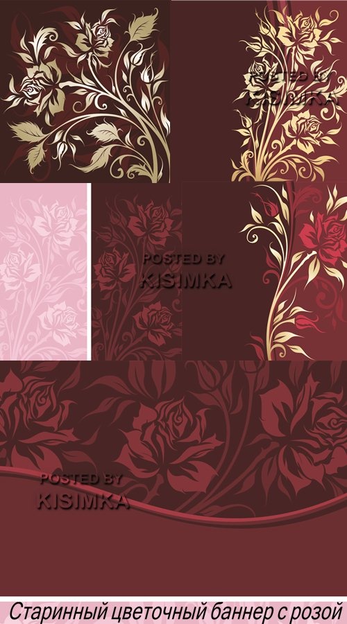 Stock Vector:Vintage floral banner with gold