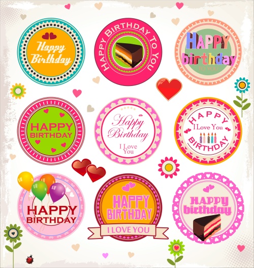       / Happy birthday stamp collection and Collection of Premium Quality and Guarantee Labels in vector