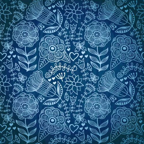 Blue background with flowers, birds and butterflies