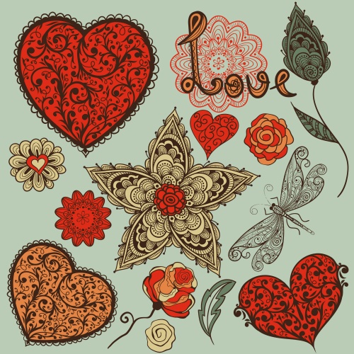 Vector vintage hearts and flowers for registration of festive cards