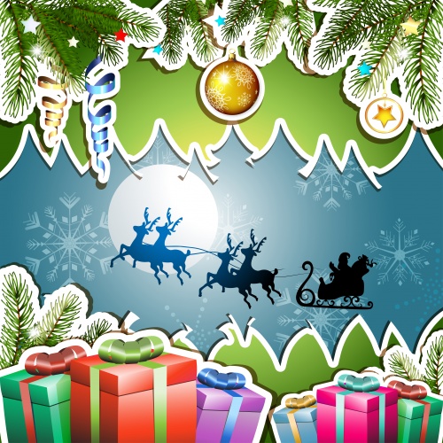 Stock: Christmas card with gift and Santa