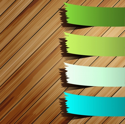 Stock: Colorful presentations sticker on wooden background