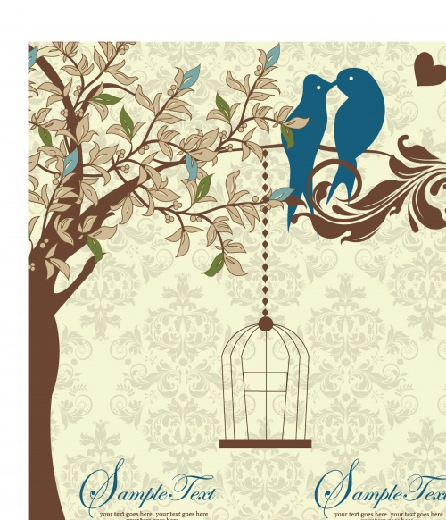 Wedding Invitation with flowers and birds