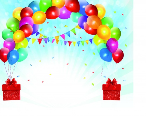       | Holiday vector background with colorful balloons and gift boxes