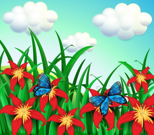Цветочные фоны с бабочками / Flowers and butterflies - vector clipart